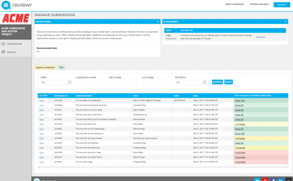 Online call for entry software judge dashboard